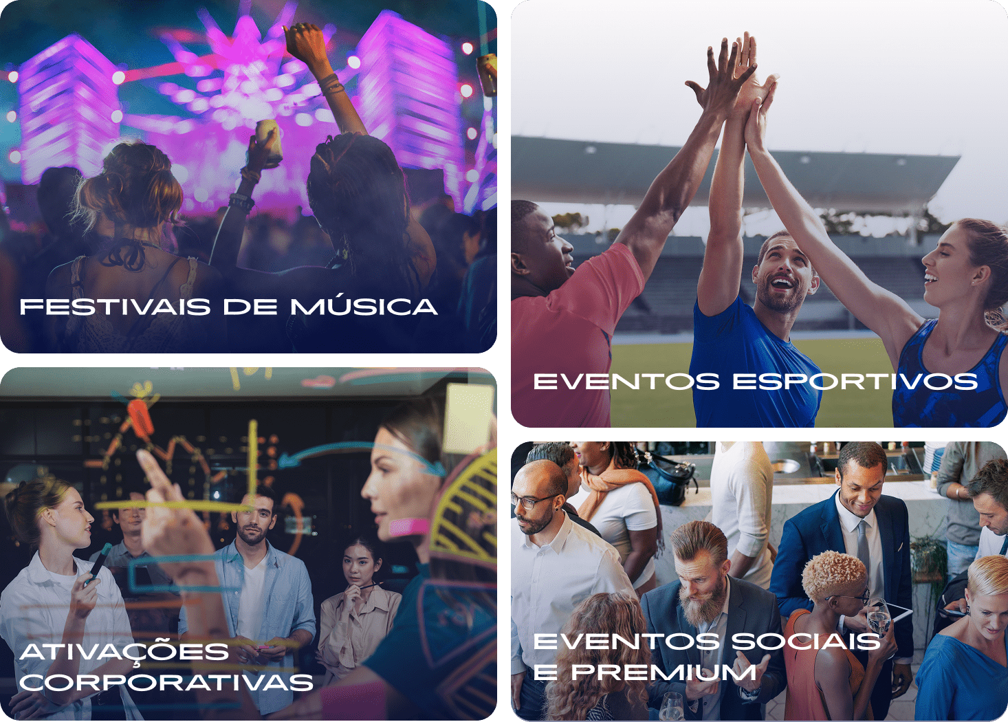 Festivais de música Eventos esportivos Ativações corporativas Eventos sociais e premium